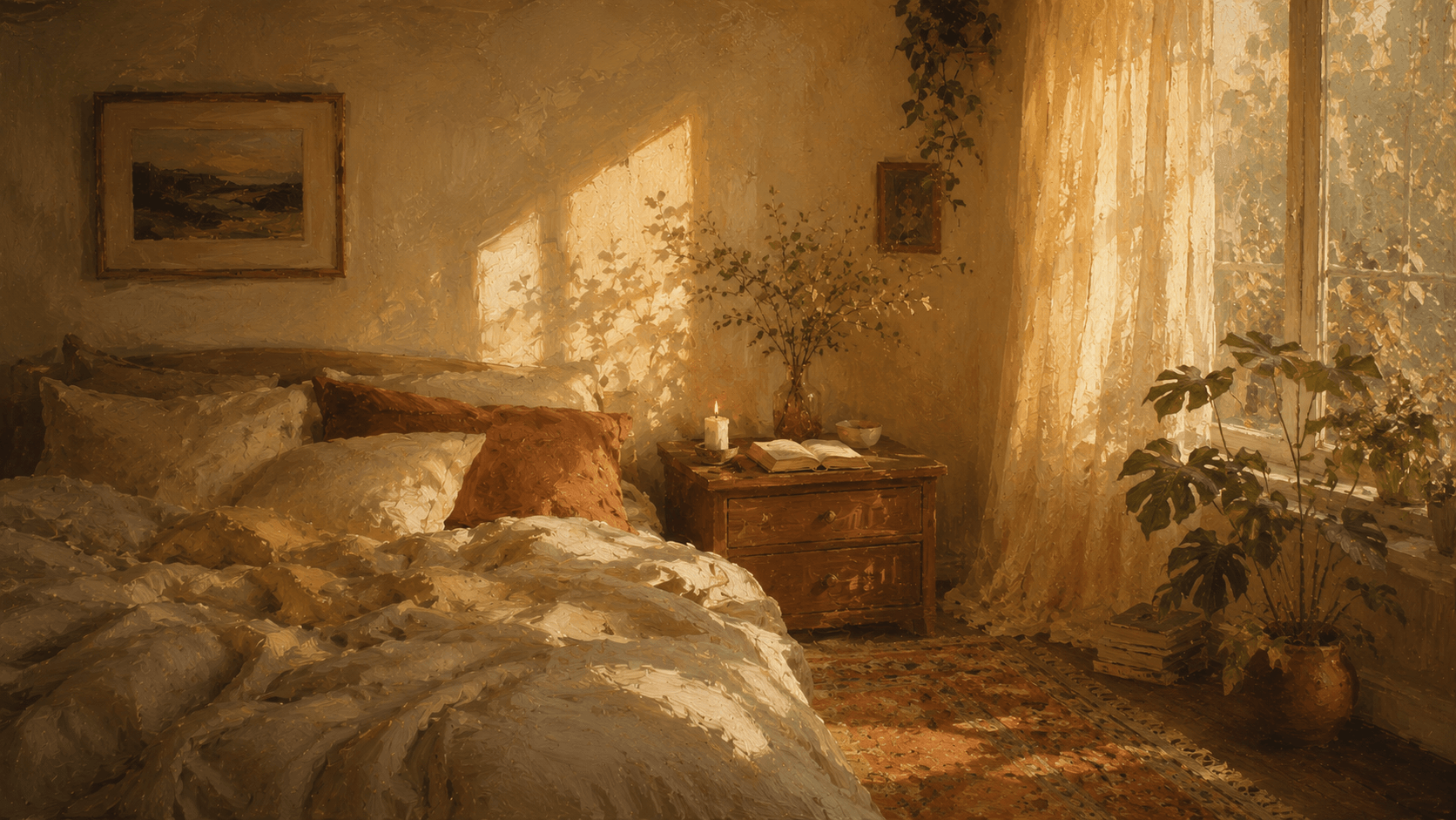 A sunlit bedroom — morning, slow.